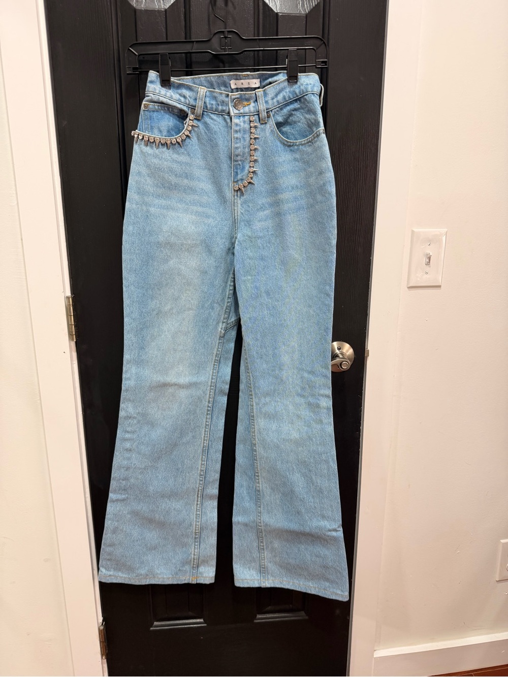 AREA Light Blue High-Rise Flared Jeans with Bead Trim